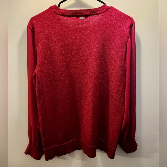DKNY Size M Red Sweater, Lurex, Semi-sheer sleeves, Crew-neck, Cuff-style wrist - Picture 2 of 8